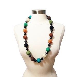 Crochet Artisan Wood Bead Satin Ribbon Necklace